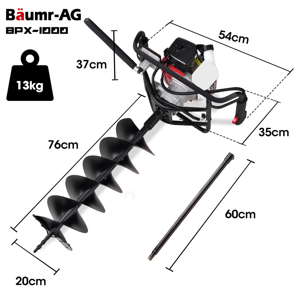 BAUMR-AG Petrol Post Hole Digger, Safety Stop Brake, 200mm Double Helix Earth Auger Bit